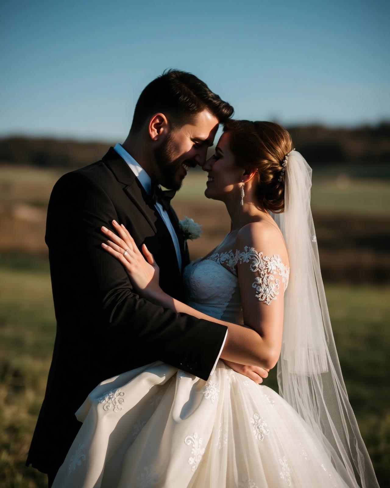 Open-field wedding, couple embracing at sunset